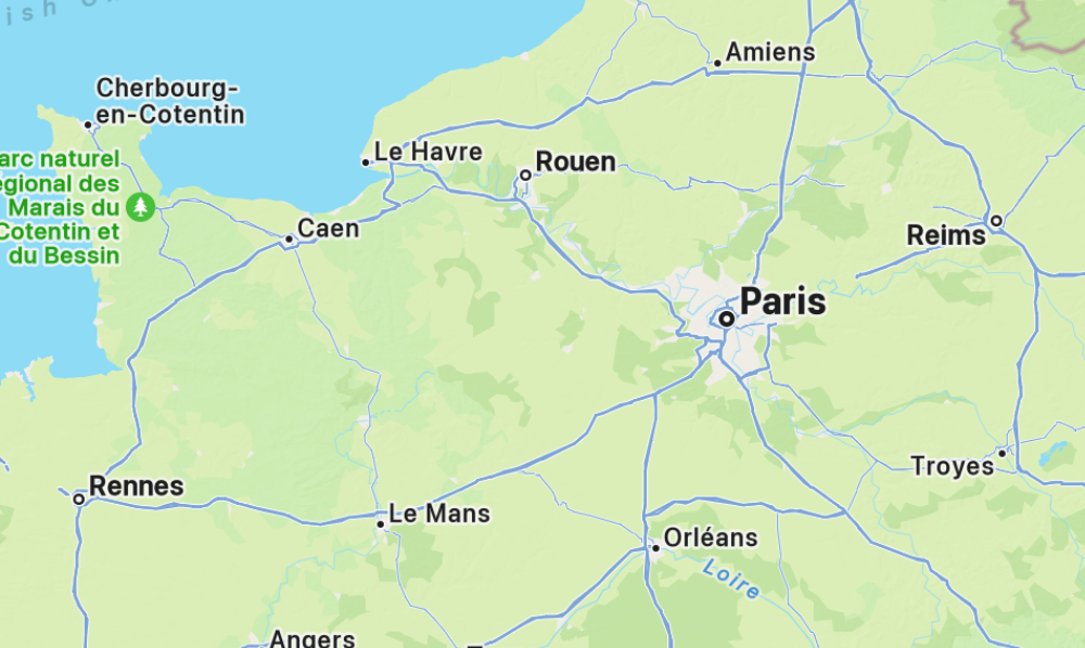 Map with marker of Paris, France